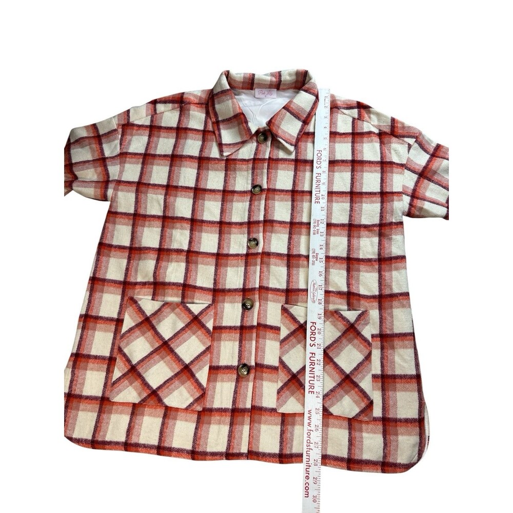Cream Burgundy Plaid Shacket Flannel Button Front Long Sleeve Medium Streetwear - Picture 6 of 9